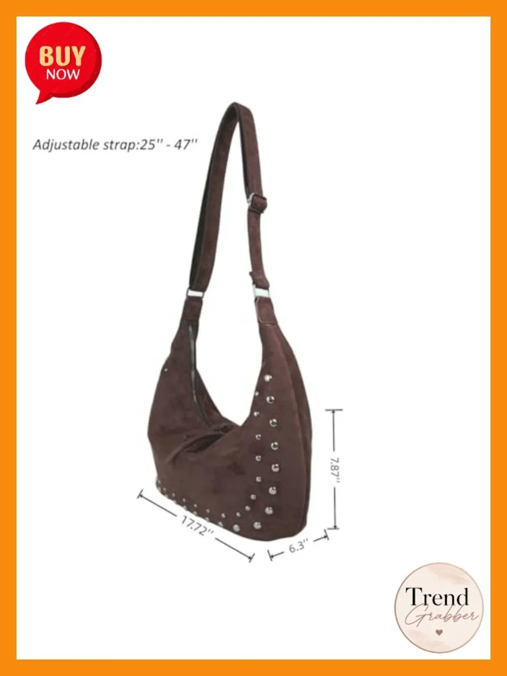 Studded Faux Suede Hobo Bag for Women - Adjustable Crossbody Shoulder Purse